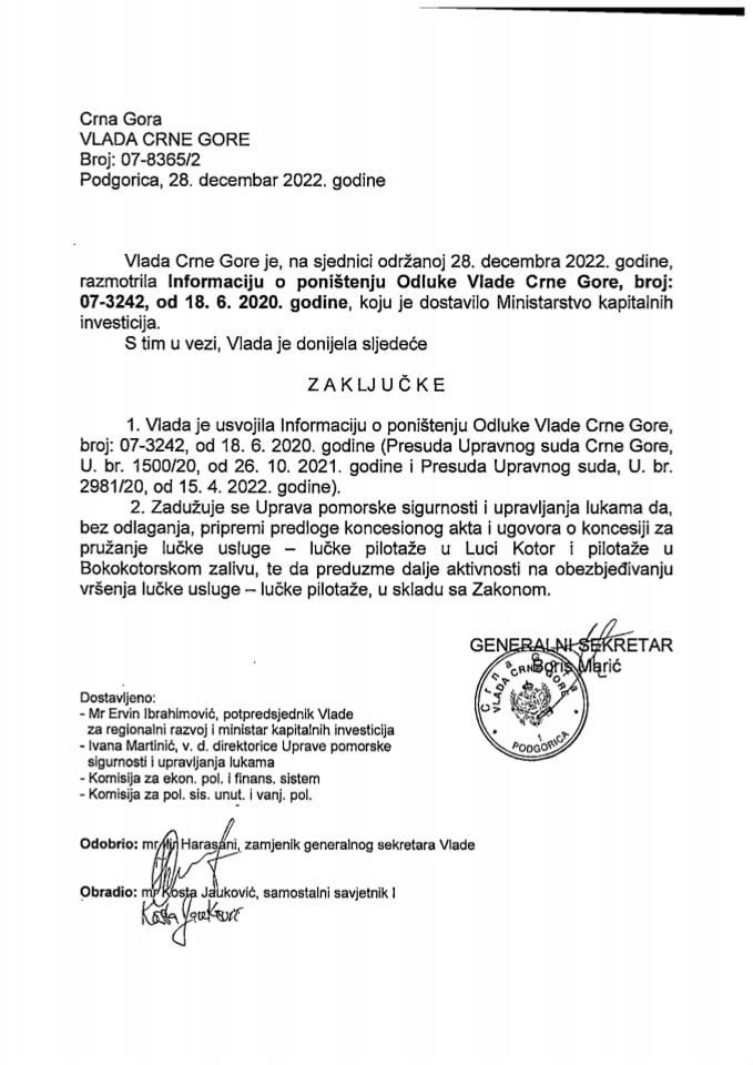 Informacija o poništenju Odluke Vlade Crne Gore broj 07-3242 od 18. 6. 2020. godine - zaključci