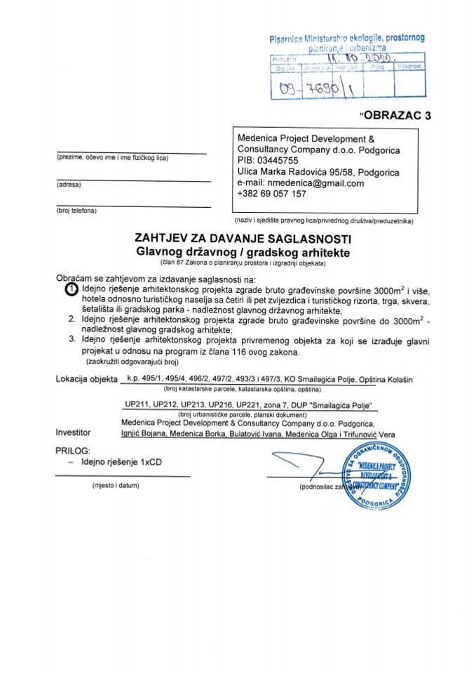 Zahtjevi investitora za davanje saglasnosti glavnog državnog arhitekte - 11.10.2022. - Zahtjev - MEDENICA PROJECT DEVELOPMENT & CONSULTANCY D.O.O Podgorica, Ignjić Bojana, Medenica Borka, Bulatović Ivana Medenica Olga i Trifunović Vera - Opština Kolašin