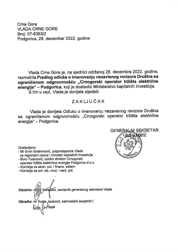 Предлог одлуке о именовању независног ревизора Друштва са ограниченом одговорношћу „Црногорски оператор тржишта електричне енергије“ - Подгорица - закључци