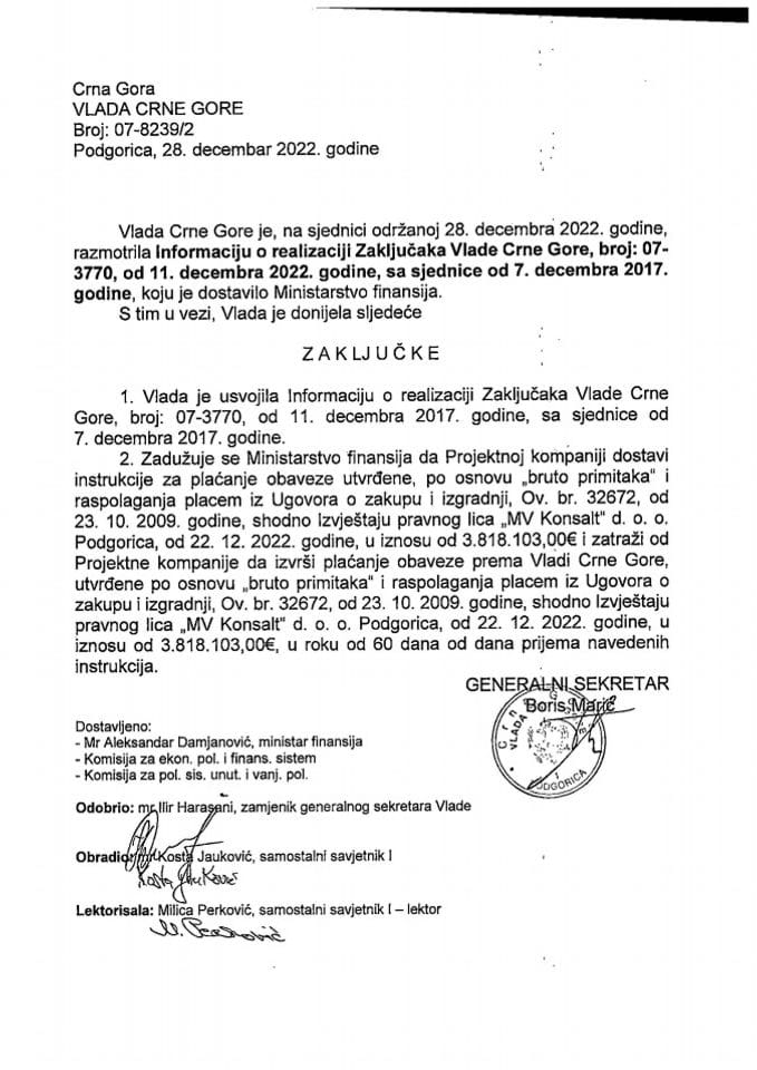 Informacija o realizaciji Zaključaka Vlade Crne Gore, broj: 07-3770, sa sjednice od 7. decembra 2017. godine - zaključci