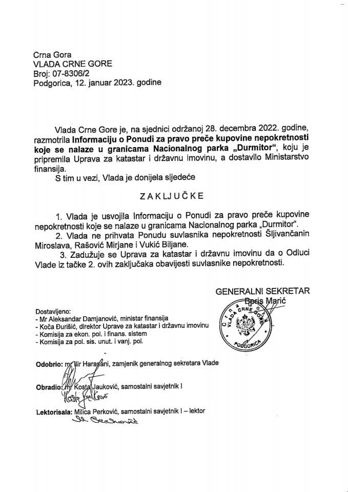 Informacija o ponudi za pravo preče kupovine nepokretnosti koje se nalaze u granicama Nacionalnog parka „Durmitor“ - zaključci