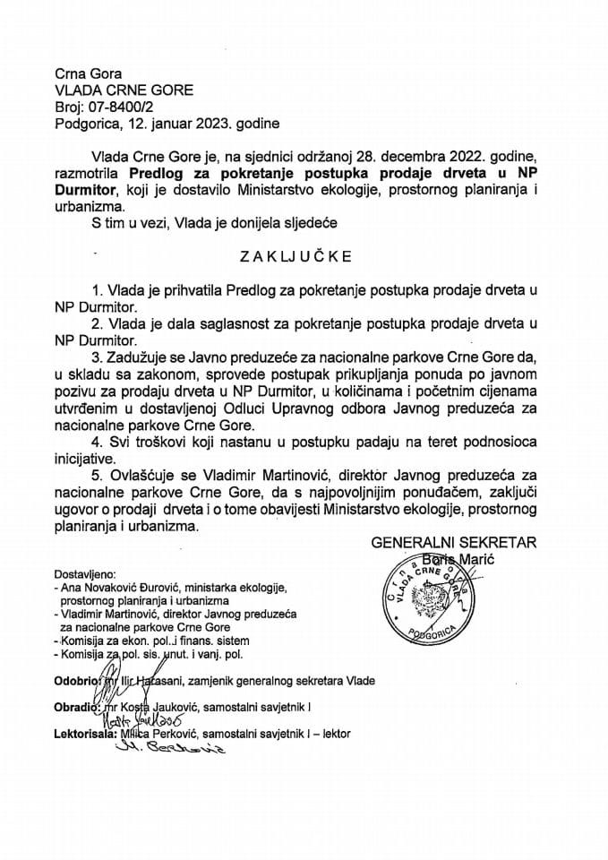 Predlog za pokretanje postupka prodaje drveta u NP Durmitor - zaključci