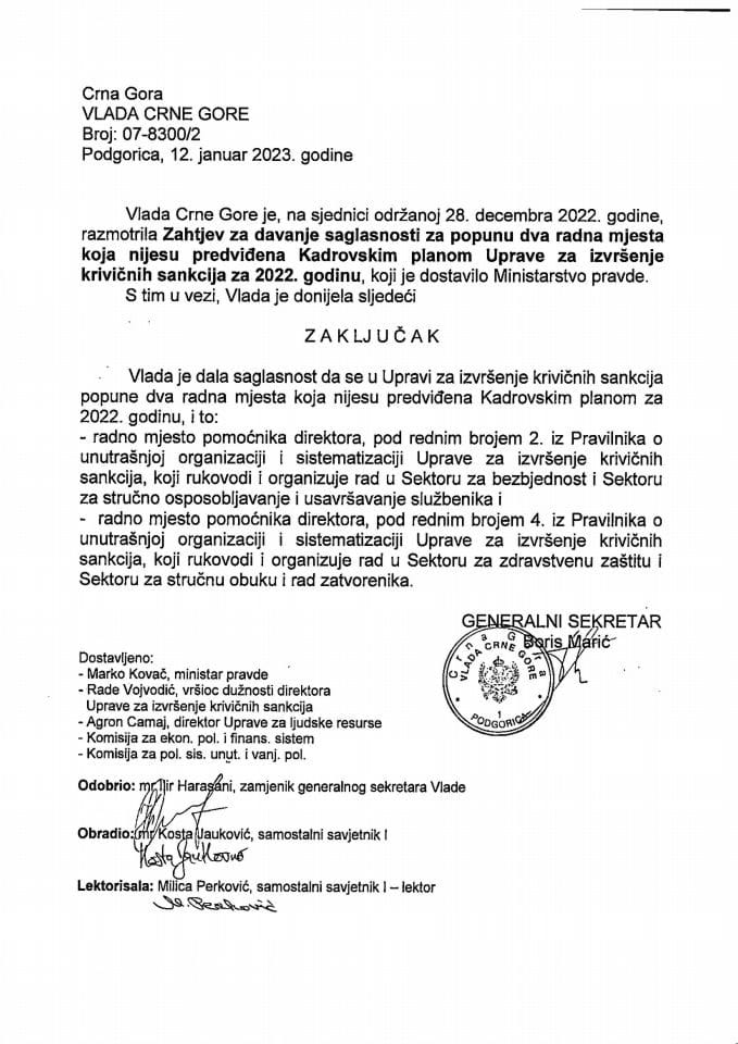 Zahtjev za davanje saglasnosti za popunu dva radna mjesta koja nijesu predviđena Kadrovskim planom Uprave za izvršenje krivičnih sankcija za 2022. godinu - zaključci