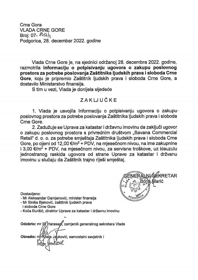 Informacija o potpisivanju ugovora o zakupu poslovnog prostora za potrebe poslovanja Zaštitnika ljudskih prava i sloboda Crne Gore - zaključci