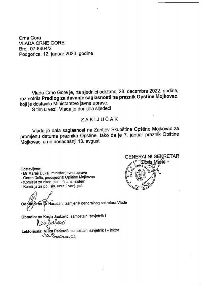 Predlog za davanje saglasnosti na praznik opštine Mojkovac - zaključci
