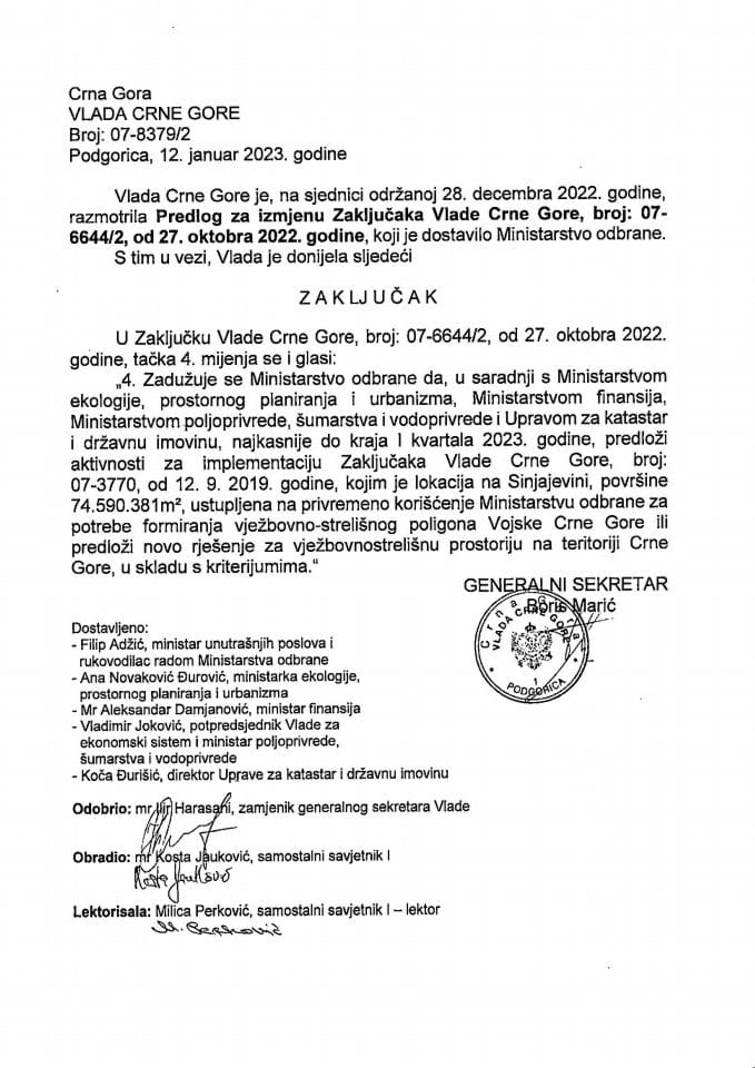 Predlog za izmjenu Zaključka Vlade Crne Gore, broj: 07-6644/2, od 27. oktobra 2022. godine - zaključci