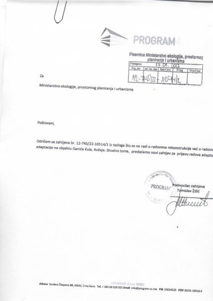 Prijava građenja objekta - 12-745-22-10514-1 PROGRAM DOO