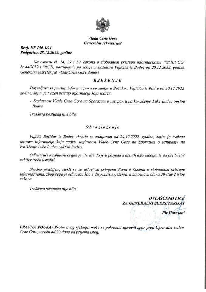 Informacija kojoj je pristup odobren po zahtjevu Božidara Vujičića od 13.12.2022. godine – UP - 150-1/21