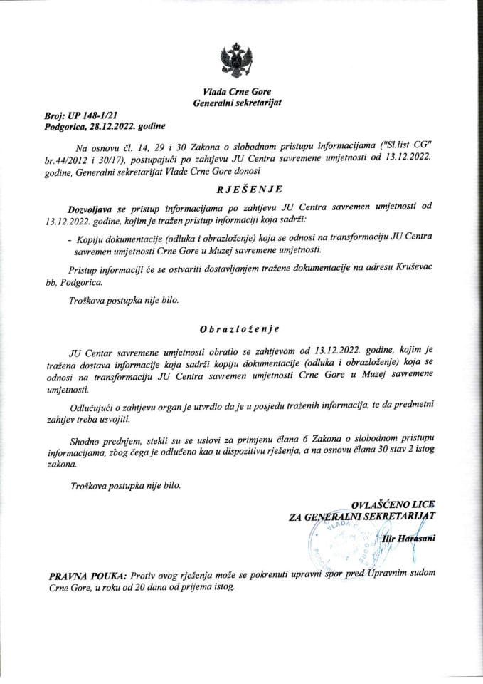 Informacija kojoj je pristup odobren po zahtjevu JU Centar savremene umjetnosti od 13.12.2022. godine – UP - 148-1/21
