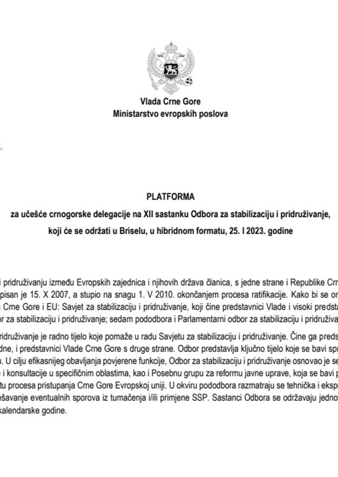 Predlog platforme za učešće crnogorske delegacije na XII sastanku Odbora za stabilizaciju i pridruživanje, Brisel, u hibridnom formatu, 25. januar 2023. godine (bez rasprave)
