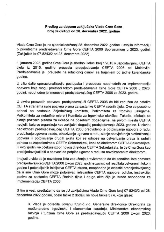 Predlog za dopunu zaključaka Vlade Crne Gore, broj: 07-8243/2, od 28. decembra 2022. godine