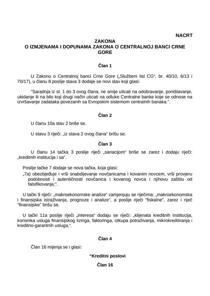 NACRT ZAKONA o izmjenama i dopunama Zakona o Centralnoj banci Crne Gore