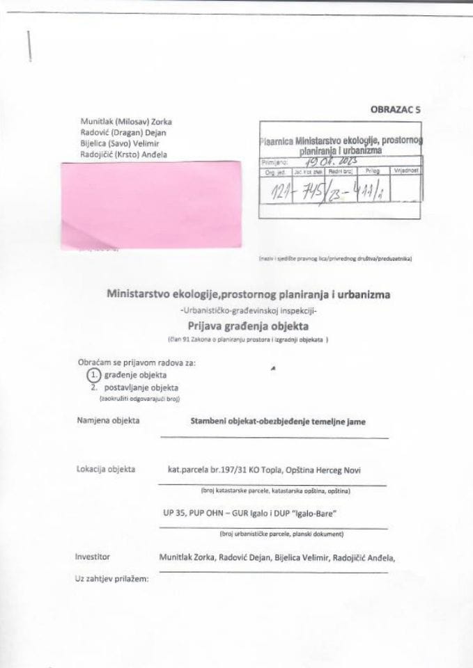 Prijava građenja objekta - 121-745-23-411-1 MUNITLAK ZORKA, RADOVIĆ DEJAN, BJELICA VELIMIR, RADOJIČIĆ ANĐELA