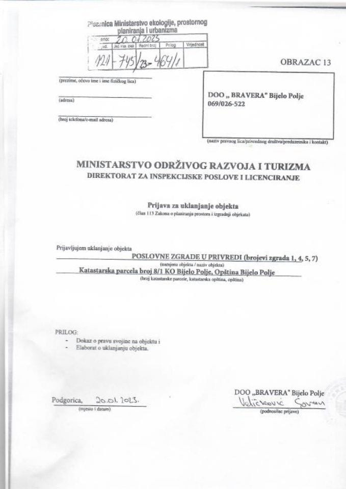 Zahtjevi za uklanjanje objekta na zahtjev vlasnika - 121-745-23-464-1 DOO BRAVERA