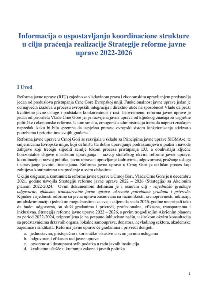 Информација о успостављању координационе структуре у циљу праћења реализације  Стратегије реформе јавне управе 2022-2026