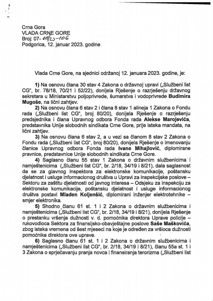 Kadrovska pitanja - 36. sjednica Vlade Crne Gore - zaključci