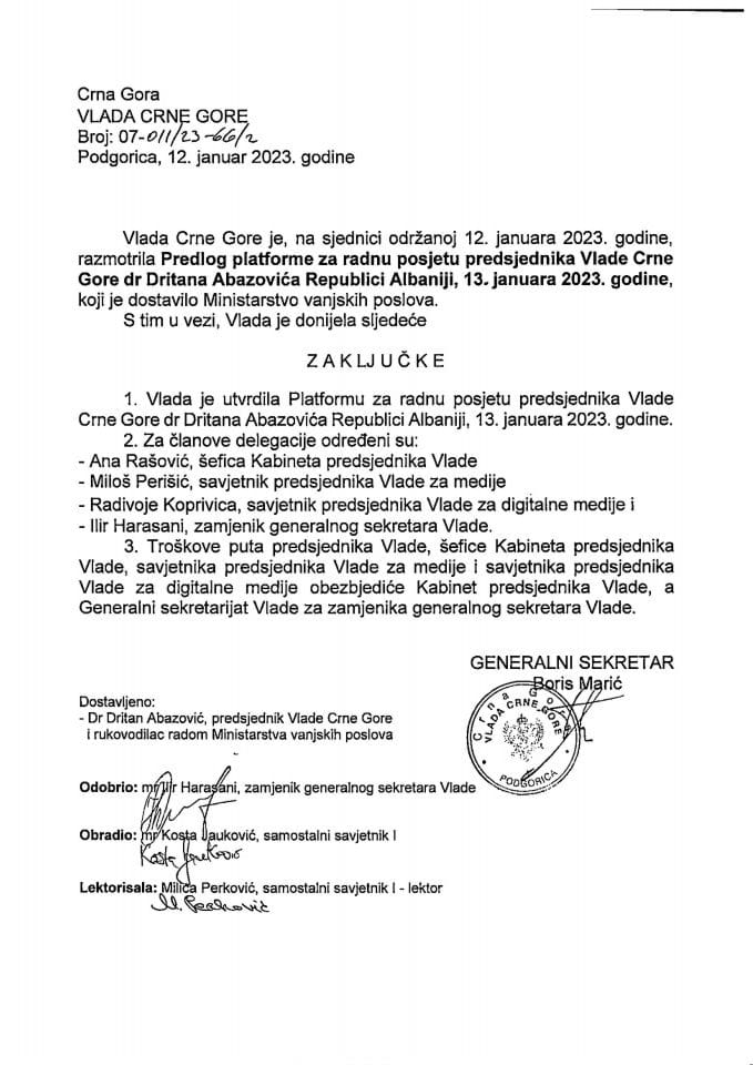 Predlog platforme za radnu posjetu predsjednika Vlade Crne Gore dr Dritana Abazovića Republici Albaniji, 13. januara 2023. godine - zaključci