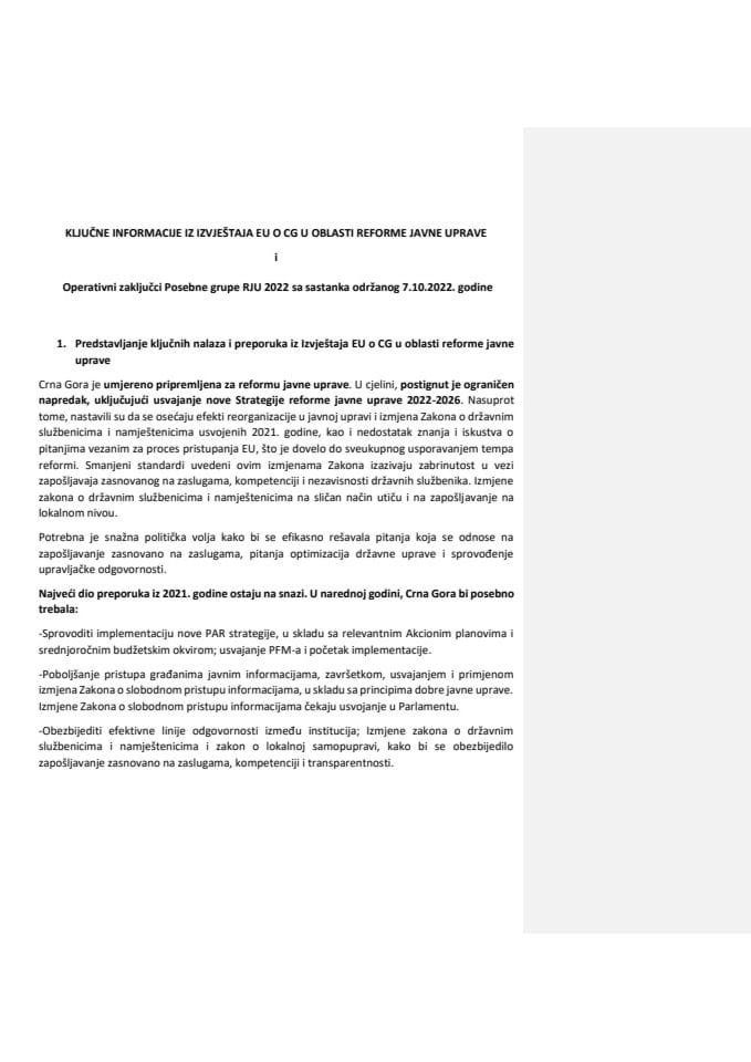 Predstavljanje Ključnih nalaza i preporuka iz Izvještaja EU o CG u oblasti reforme javne uprave i Zaključaka Posebne grupe RJU 2022 EU-Crna Gora sa sastanka održanog 7.10.2022. godine