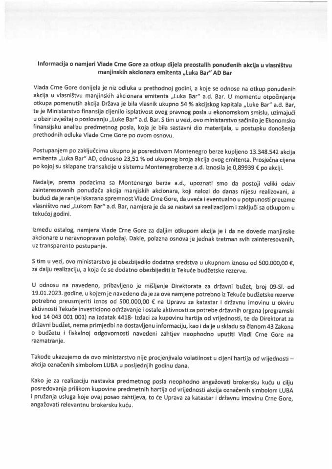 Информација о намјери Владе Црне Горе за откуп дијела преосталих понуђених акција у власништву мањинских акционара емитента „Лука Бар“ АД Бар