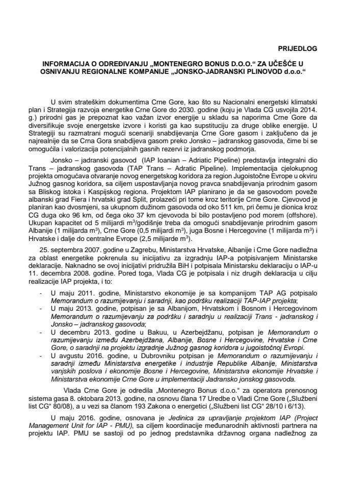 Informacija o određivanju „Montenegro Bonus d.o.o.“ za učešće u osnivanju regionalne kompanije „Jonsko - jadranski plinovod d.o.o.“