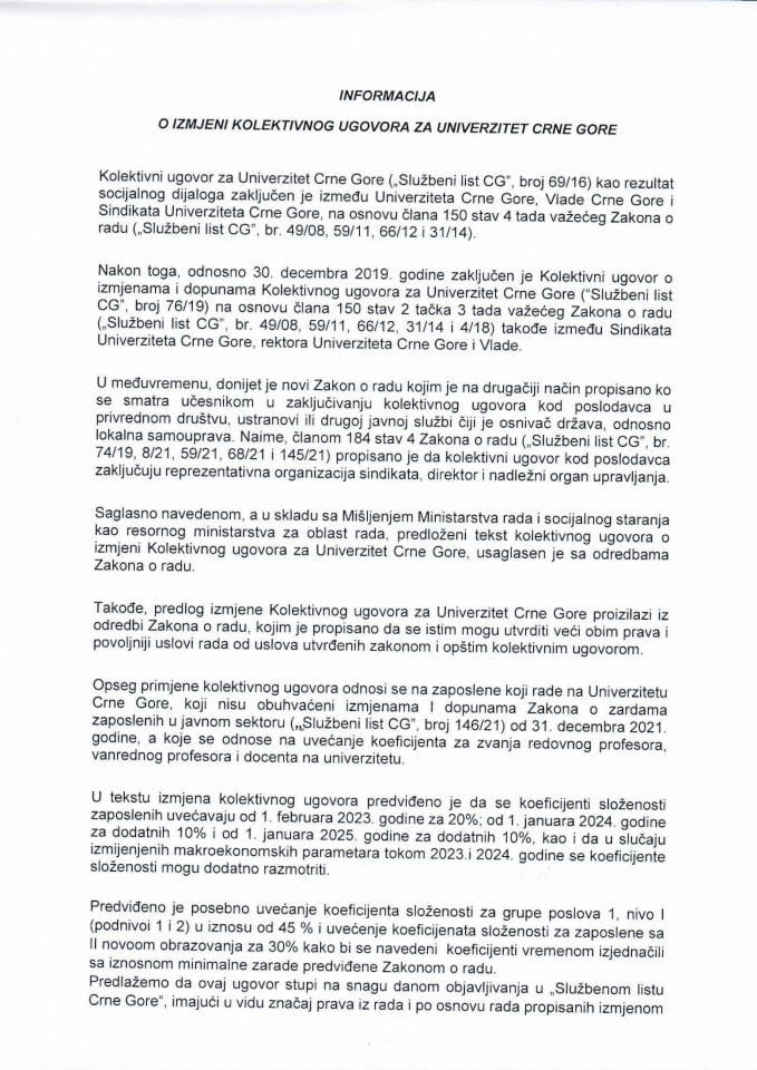 Informacija o izmjeni Kolektivnog ugovora za Univerzitet Crne Gore sa Predlogom kolektivnog ugovora o izmjeni Kolektivnog ugovora za Univerzitet Crne Gore
