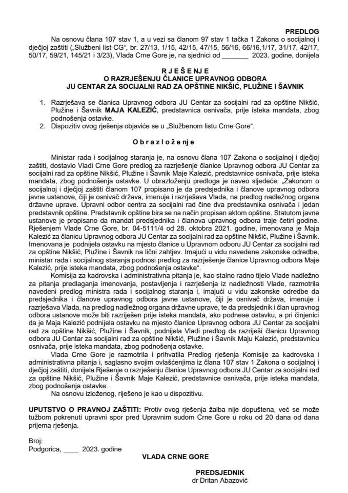 Predlog za razrješenje članice Upravnog odbora JU Centar za socijalni rad za opštine Nikšić, Plužine i Šavnik