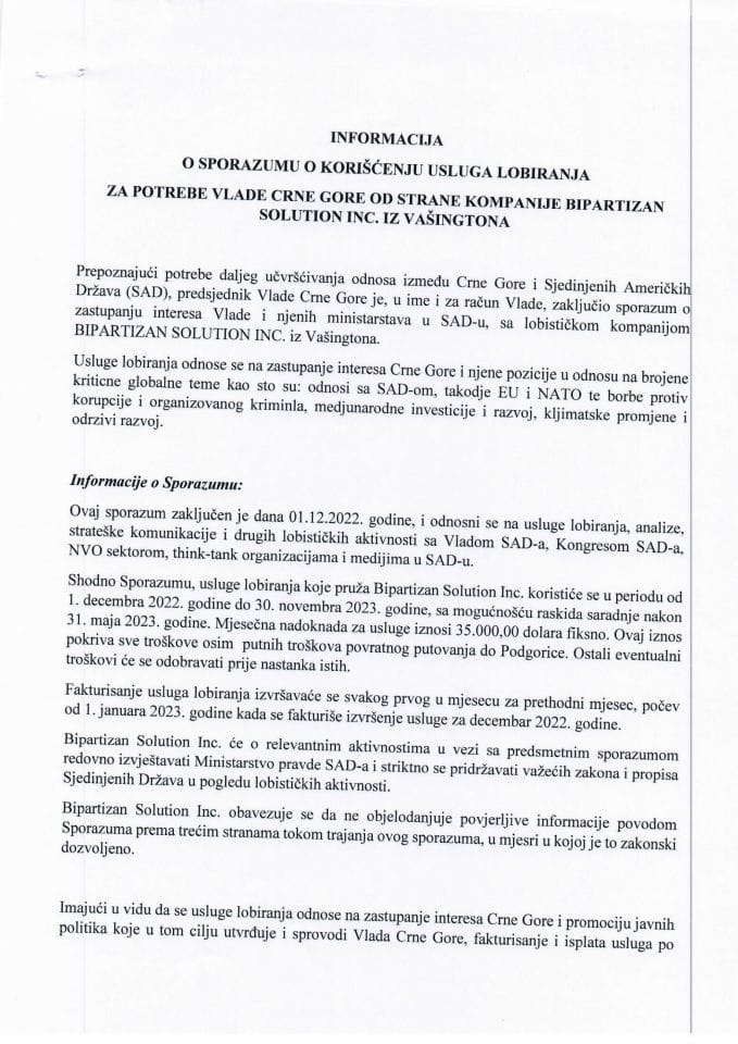 Информација о Споразуму о коришћењу услуга лобирања за потребе Владе Црне Горе од стране Компаније Bipartizan Solution Inc. из Вашингтона