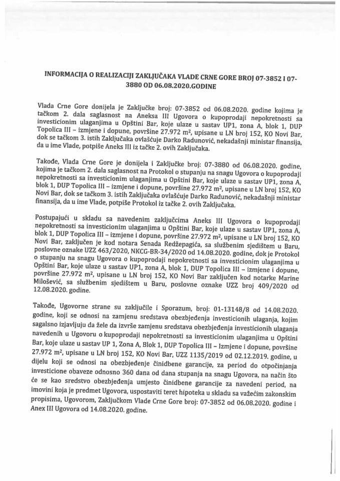 Информација о реализацији закључака Владе Црне Горе број: 07-3852 и 07-3880, од 6. августа 2020. године