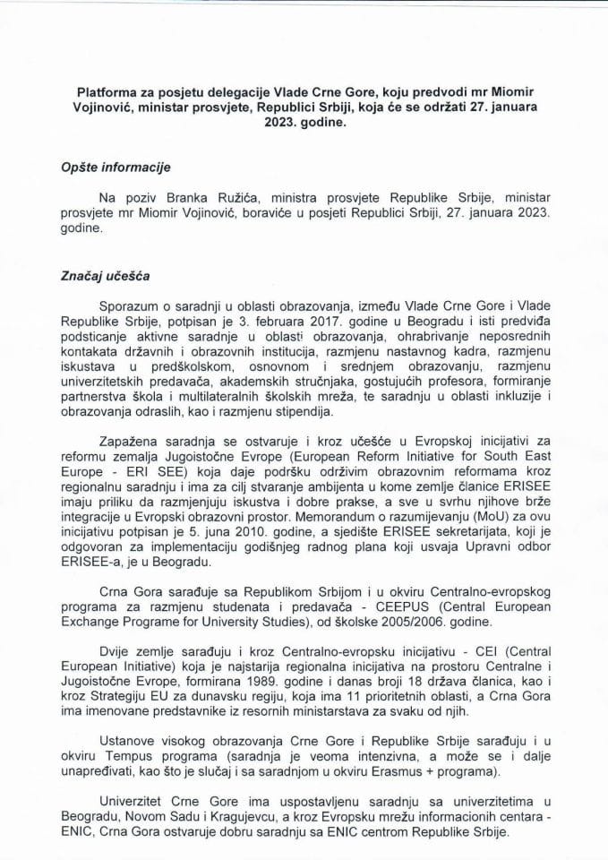 Predlog platforme za posjetu delegacije Vlade Crne Gore, koju predvodi mr Miomir Vojinović, ministar prosvjete, Republici Srbiji, 27. januara 2023. godine