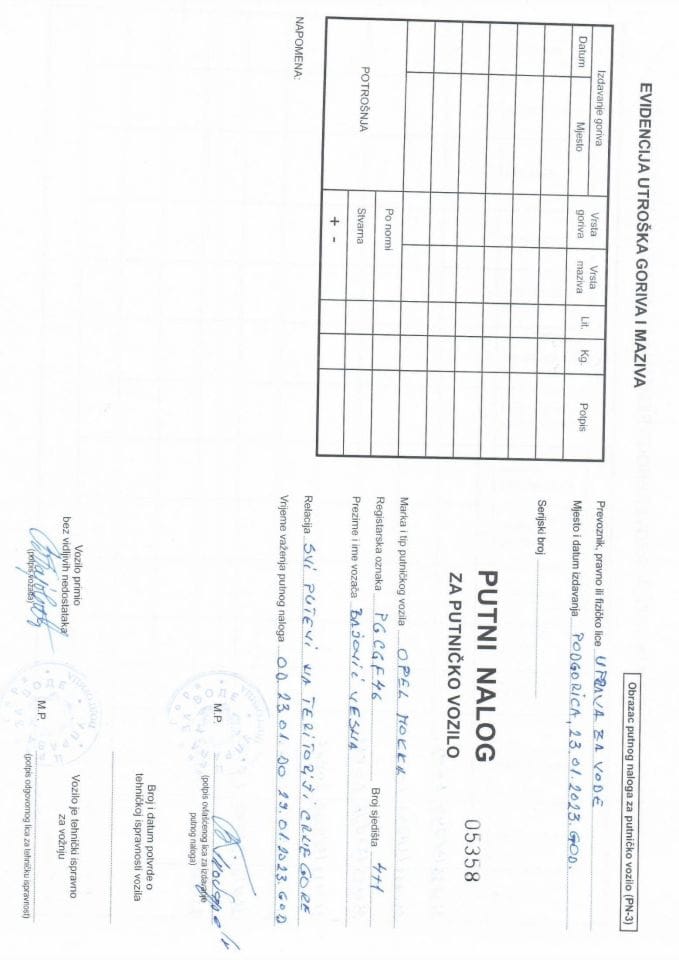 Путни налог за коришћење службеног возила ПГ ЦГФ46 за период од 23.01.-29.01.2023.г.