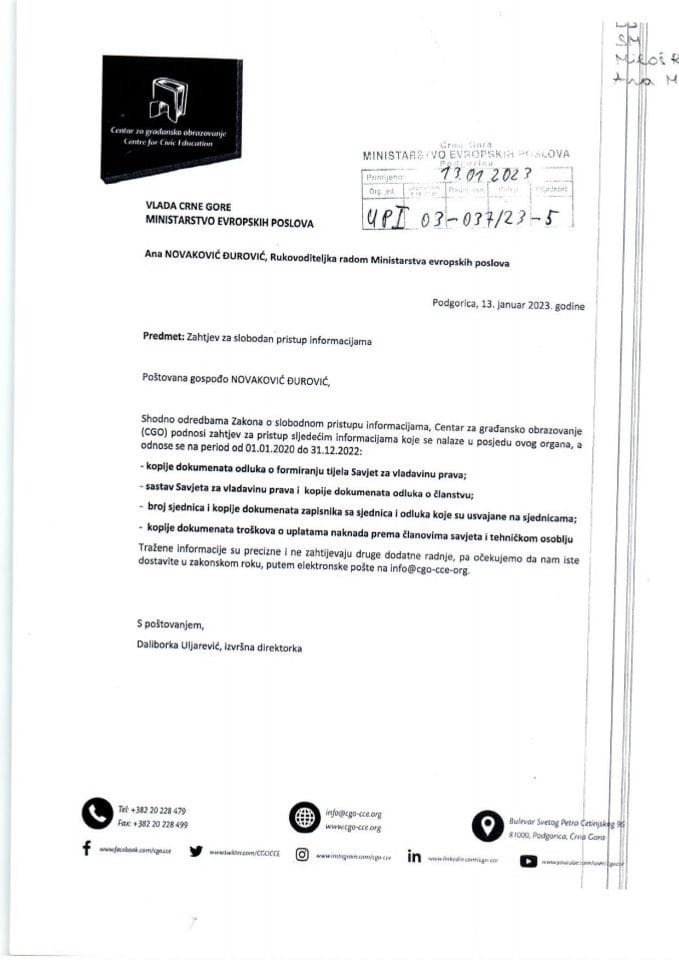 Обавјештење по захтјеву за слободан приступ информацијама ЦГО од 25.01.2023. године