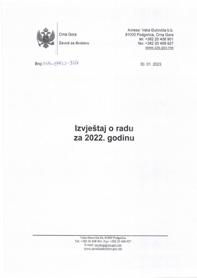 Izvještaj o radu ZZŠ za 2022. godinu