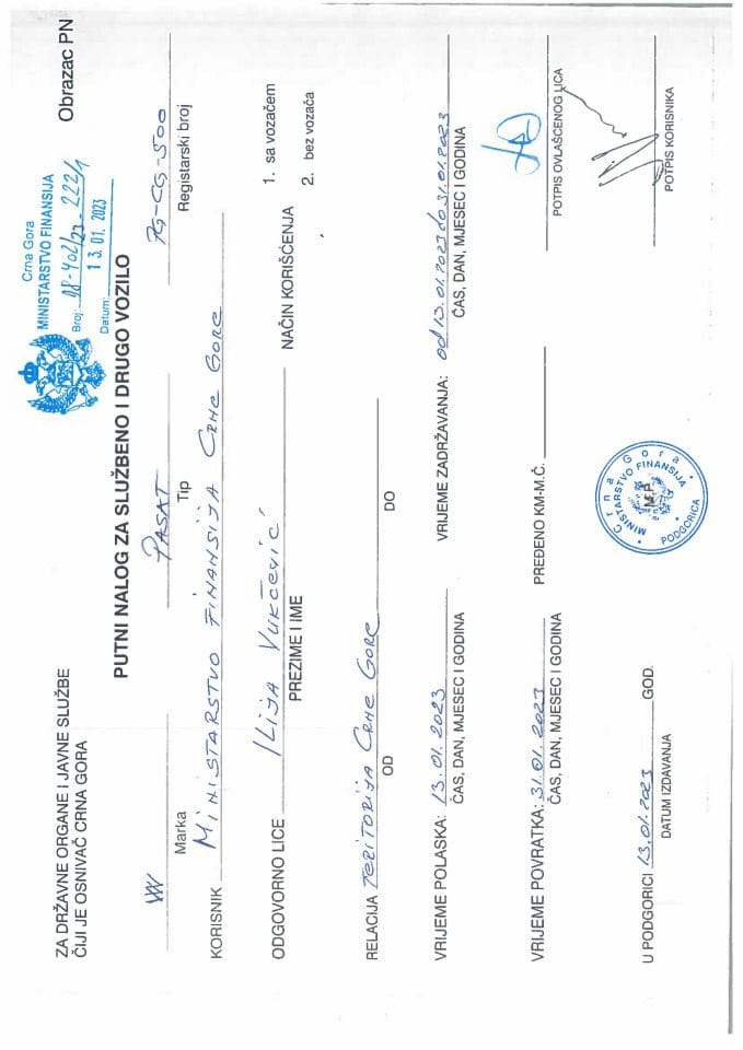 Putni nalozi za kontrolu upotrebe službenih i drugih vozila i potrošnja goriva, PG - CG 500, Ministarstvo finansija, januar 2023. godine