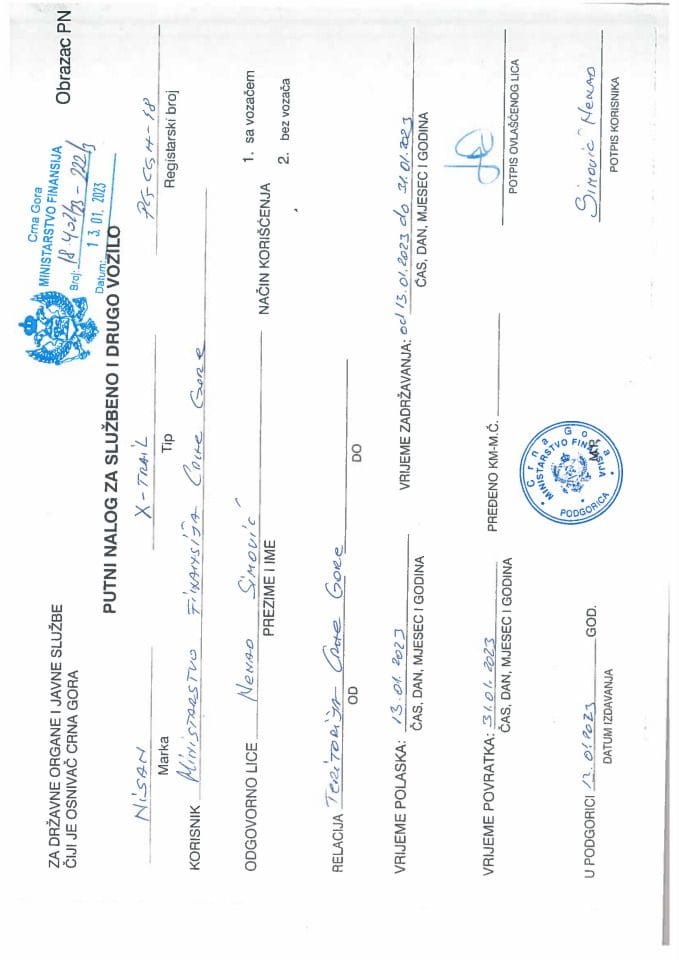 Putni nalozi za kontrolu upotrebe službenih i drugih vozila i potrošnja goriva, PG - CG H-18, Ministarstvo finansija, januar 2023. godine