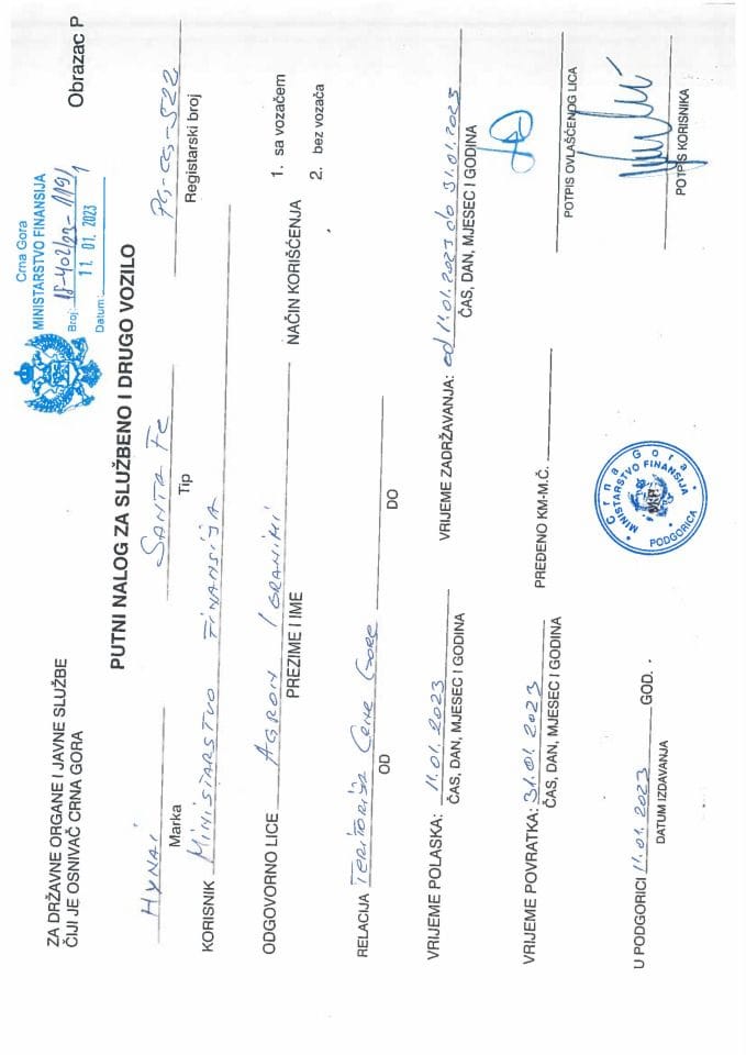 Putni nalozi za kontrolu upotrebe službenih i drugih vozila i potrošnja goriva, PG-CG 522, Ministarstvo finansija, januar 2023. godine