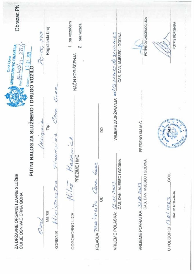 Putni nalozi za kontrolu upotrebe službenih i drugih vozila i potrošnja goriva, PG-CG 777, Ministarstvo finansija, januar 2023. godine