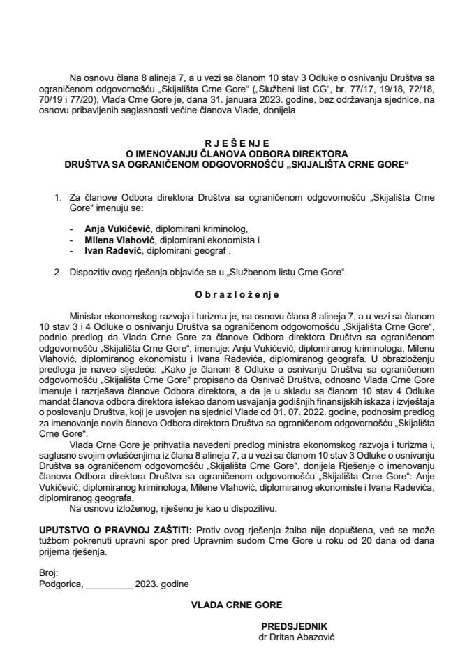 Predlog za imenovanje članova Odbora direktora Društva sa ograničenom odgovornošću "Skijališta Crne Gore"