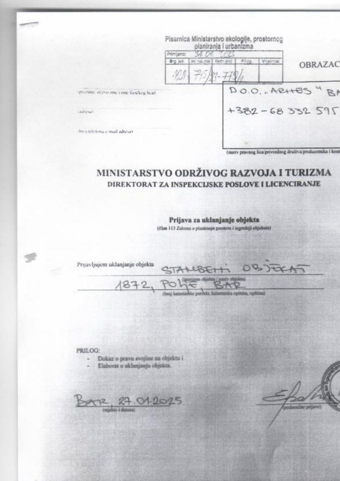 Prijava za uklanjanje objekta - 121-745-23-779-1 DOO ARHES