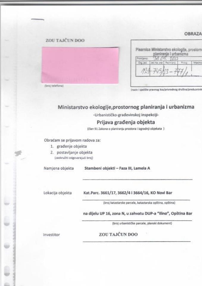 Prijava građenja objekta - 121-745-23-777-1 ZOU TAJČUN DOO
