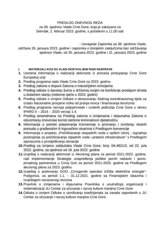 Predlog dnevnog reda za 39. sjednicu Vlade Crne Gore