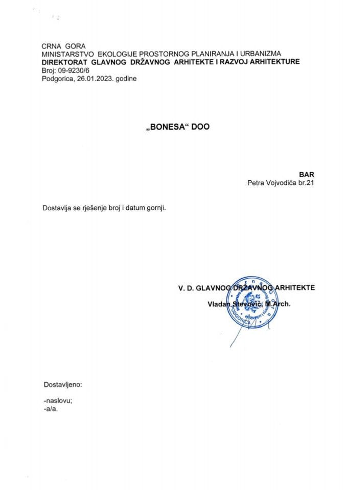 Rješenja glavnog državnog arhitekte - 26.01.2023- Rješenje- Bonesa Doo Bar- Opština Bar