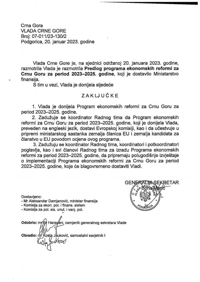 Predlog programa ekonomskih reformi za Crnu Goru za period 2023-2025. godina - zaključci