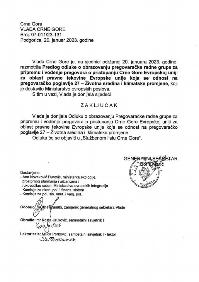 Предлог одлуке о образовању Преговарачке радне групе за припрему и вођење преговора о приступању Црне Горе Европској унији за област правне тековине Европске уније која се односи на преговарачко поглавље 27 - закључци