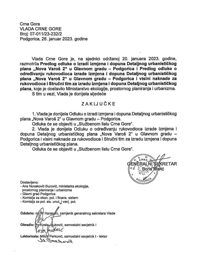 Predlog odluke o izradi Izmjena i dopuna Detaljnog urbanističkog plana „Nova Varoš 2“ u Glavnom gradu - Podgorica i Predlog odluke o određivanju rukovodioca izrade Izmjena i dopuna Detaljnog urbanističkog plana - zaključci
