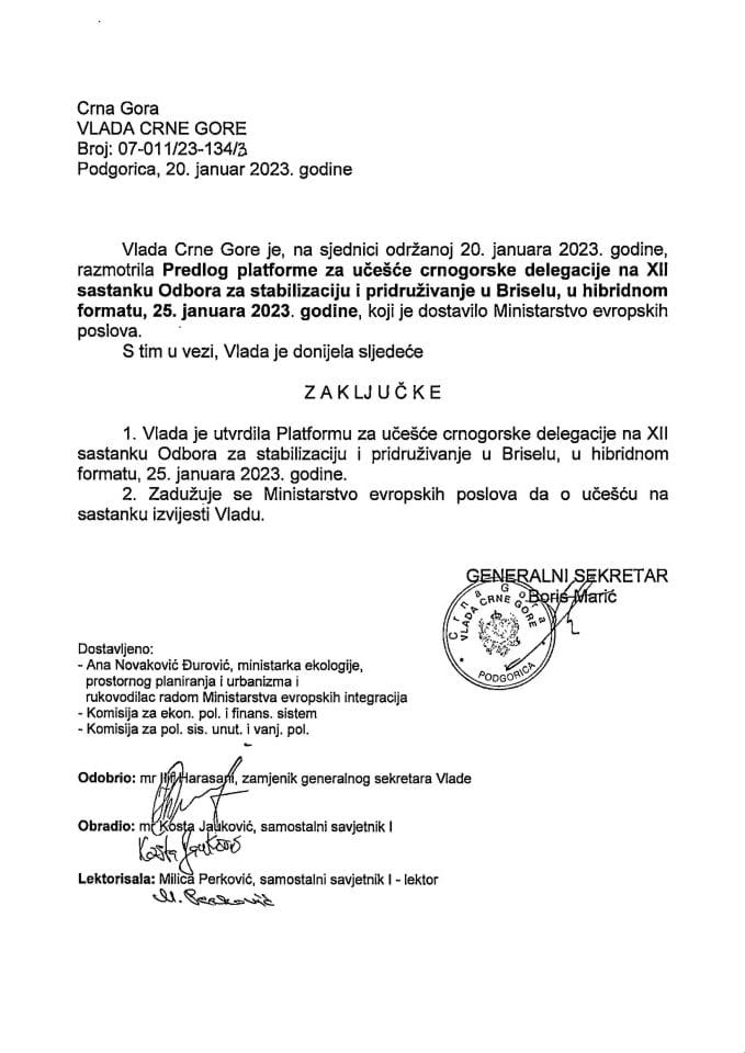 Predlog platforme za učešće crnogorske delegacije na XII sastanku Odbora za stabilizaciju i pridruživanje, Brisel, u hibridnom formatu, 25. januar 2023. godine (bez rasprave) - zaključci