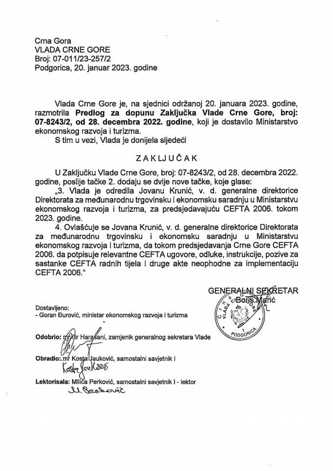 Predlog za dopunu zaključaka Vlade Crne Gore, broj: 07-8243/2, od 28. decembra 2022. godine - zaključci
