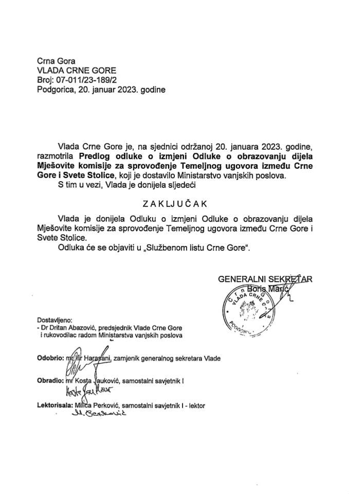 Predlog odluke o izmjeni Odluke o obrazovanju dijela Mješovite komisije za sprovođenje Temeljnog ugovora između Crne Gore i Svete Stolice - zaključci