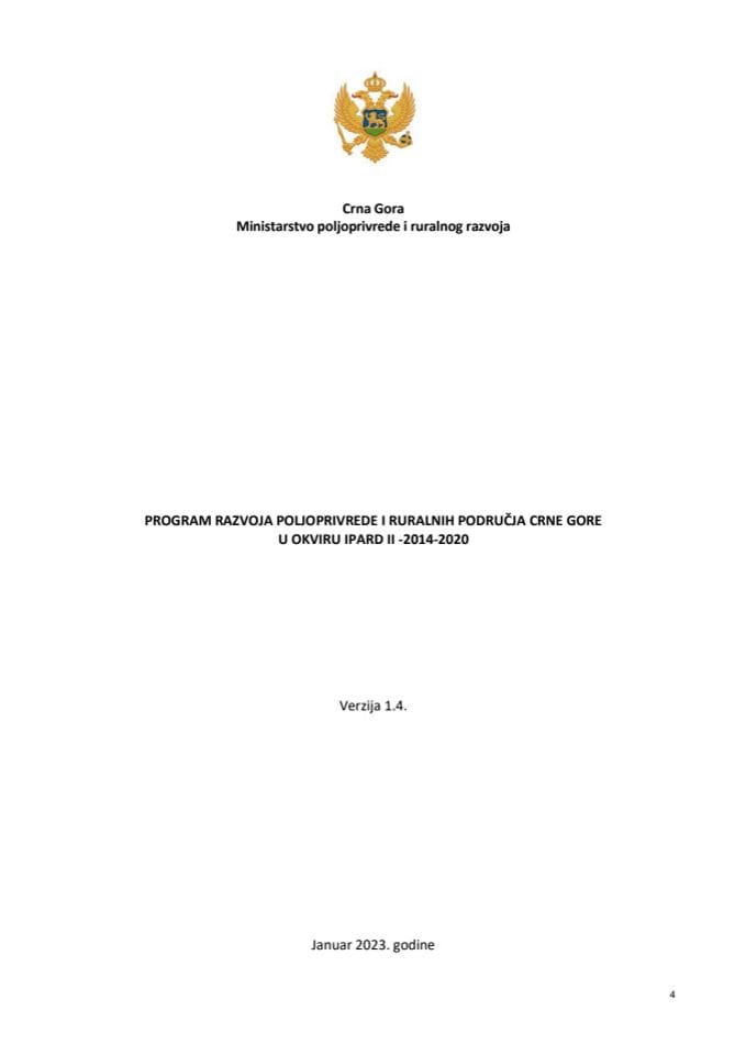 Предлог програма развоја пољопривреде и руралних подручја Црне Горе у оквиру ИПАРД II – 2014 – 2020 верзија 1.4.