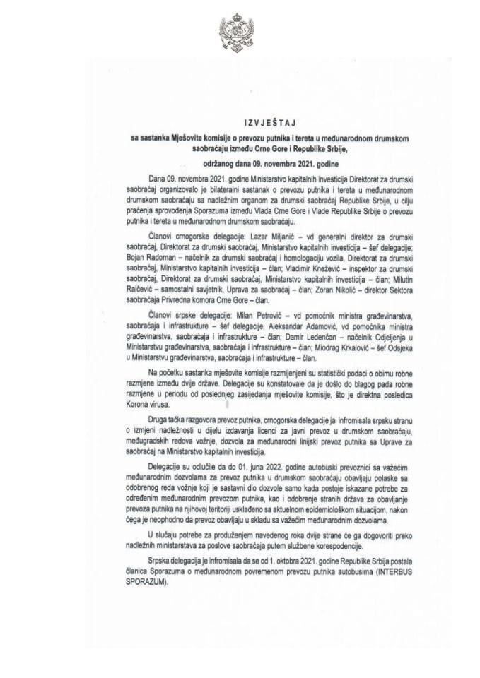 Izvještaj sa sastanka Mješovite komisije o prevozu putnika i tereta u međunarodnom drumskom saobraćaju između Crne Gore i Republike Srbije, održanog dana 9. novembra 2021. godine (bez rasprave)