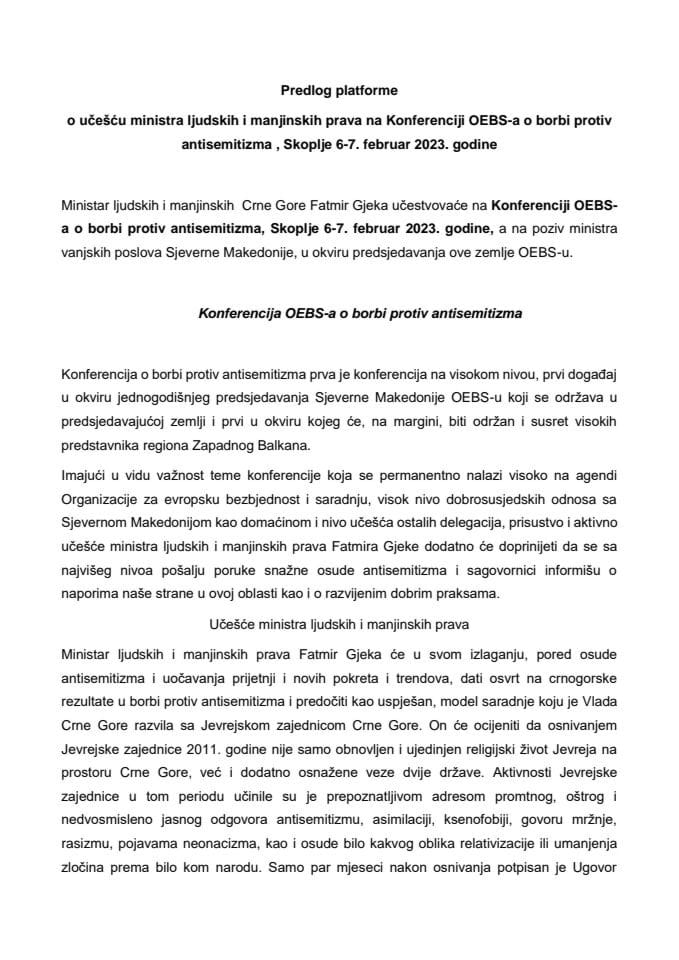 Предлог платформе за учешће министра људских и мањинских права Fatmira Gjeke на Конференцији OEBS-а о борби против антисемитизма , Скопље, 6. и 7. фебруара 2023. године
